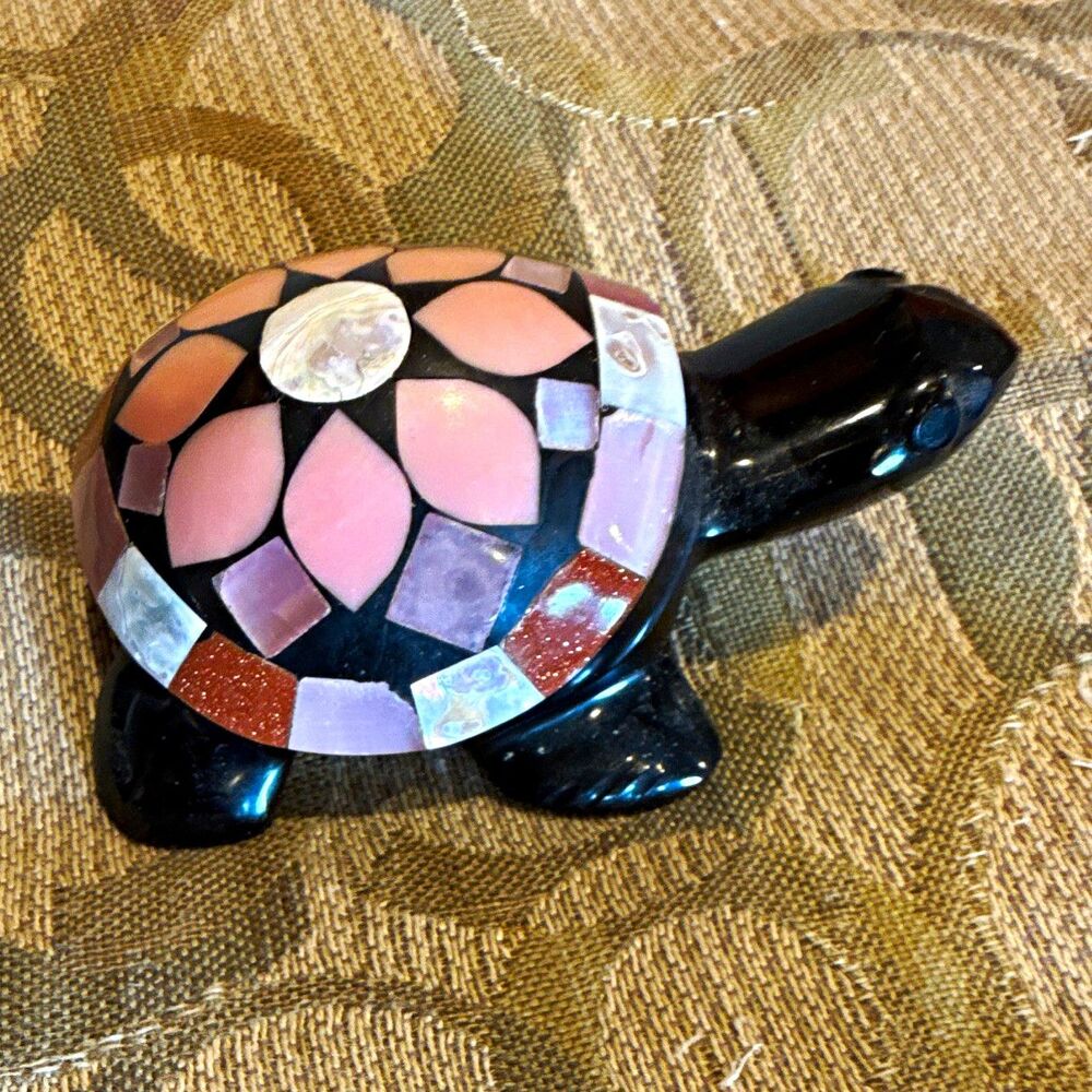 Carved Stone Turtle Figurine Collectible with Mosaic Inlaid Shell Decor